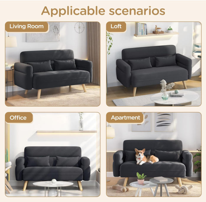 Mid-Century Modern Loveseat – Comfortable Upholstered 2-Seater Sofa with Wood Legs for Living Room, Bedroom, or Office